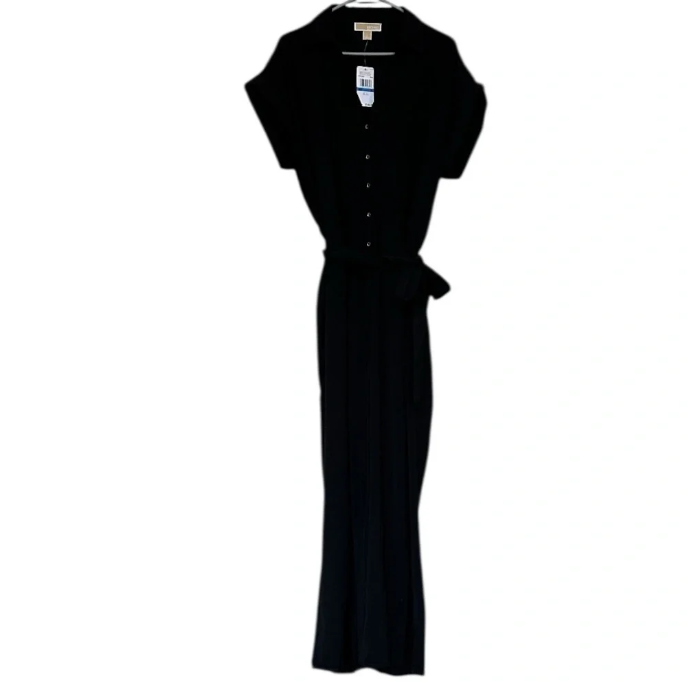 NWT Michael Kors Black Jumpsuit belted button front cuffed short sleeve XL $155